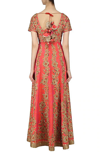 Orange and Gold Jaal Embroidered Anarkali Set - kylee