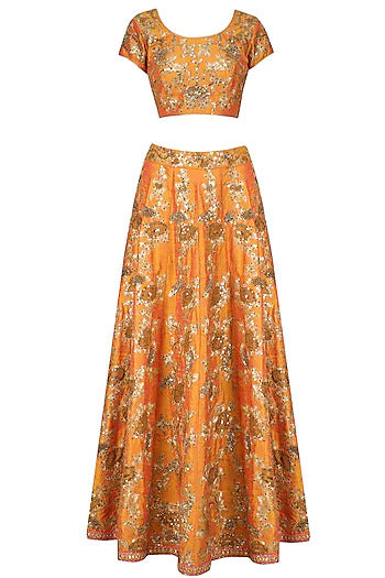 Orange and Gold Embroidered Kalidaar Lehenga Set - kylee