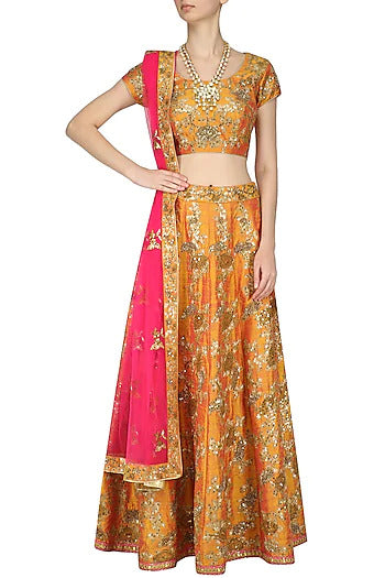 Orange and Gold Embroidered Kalidaar Lehenga Set - kylee