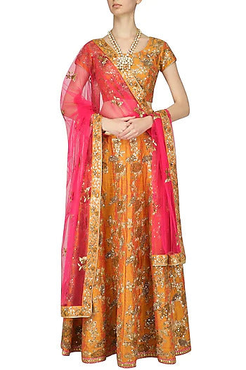 Orange and Gold Embroidered Kalidaar Lehenga Set - kylee