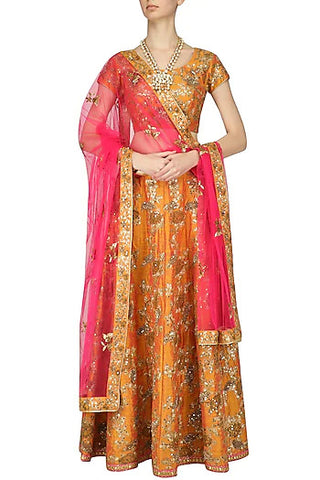 Orange and Gold Embroidered Kalidaar Lehenga Set - kylee