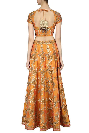 Orange and Gold Embroidered Kalidaar Lehenga Set - kylee