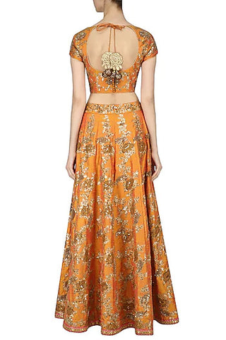 Orange and Gold Embroidered Kalidaar Lehenga Set - kylee