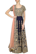 Load image into Gallery viewer, Navy and Peach Embroidered Anarkali Set - kylee
