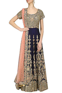 Navy and Peach Embroidered Anarkali Set - kylee