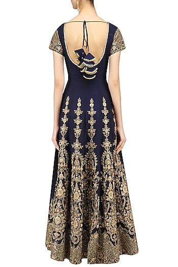 Navy and Peach Embroidered Anarkali Set - kylee