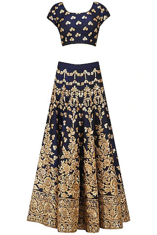 Navy and Gold Embroidered Lehenga Set - kylee