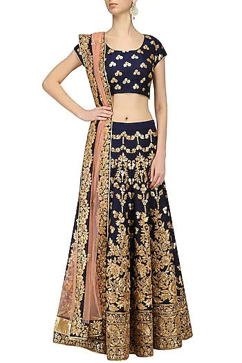 Navy and Gold Embroidered Lehenga Set - kylee