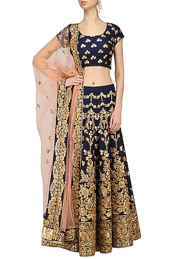 Navy and Gold Embroidered Lehenga Set - kylee