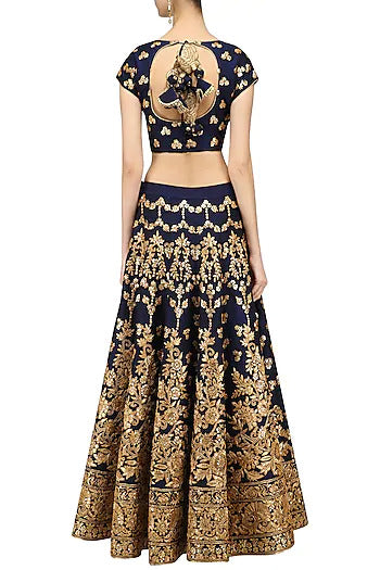 Navy and Gold Embroidered Lehenga Set - kylee