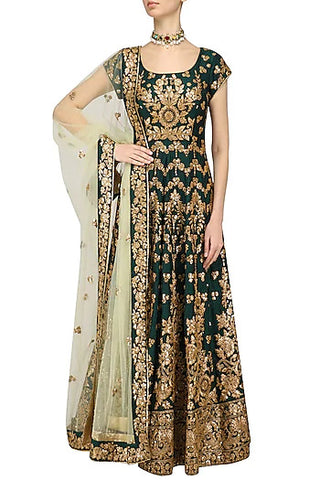 Bottle Green Embroidered Anarkali Set - kylee