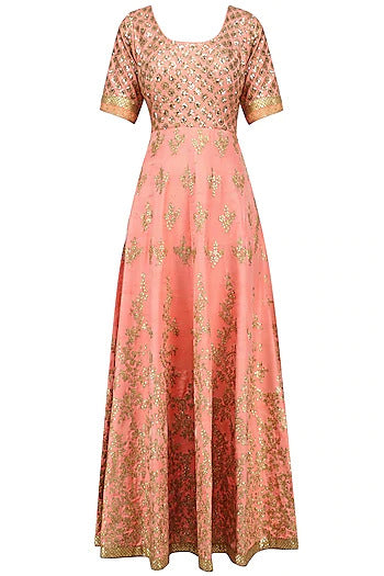 Peach and Light Green Embroidered Anarkali Set - kylee