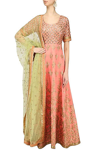 Peach and Light Green Embroidered Anarkali Set - kylee