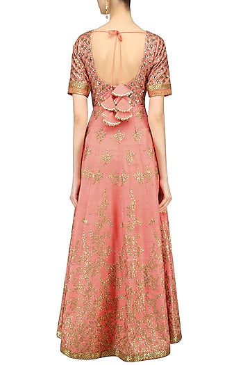 Peach and Light Green Embroidered Anarkali Set - kylee