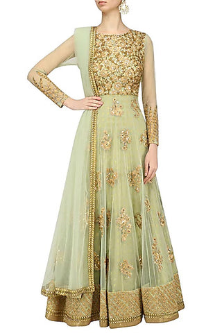 Mint Green Floral Embroidered Anarkali Set - kylee