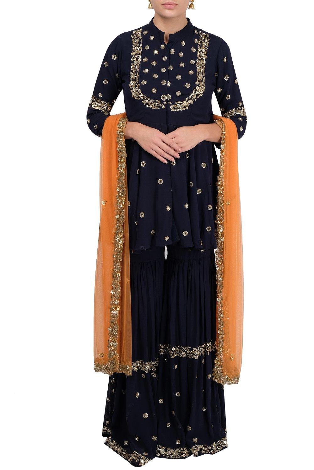 Navy blue embroidered sharara set - kylee