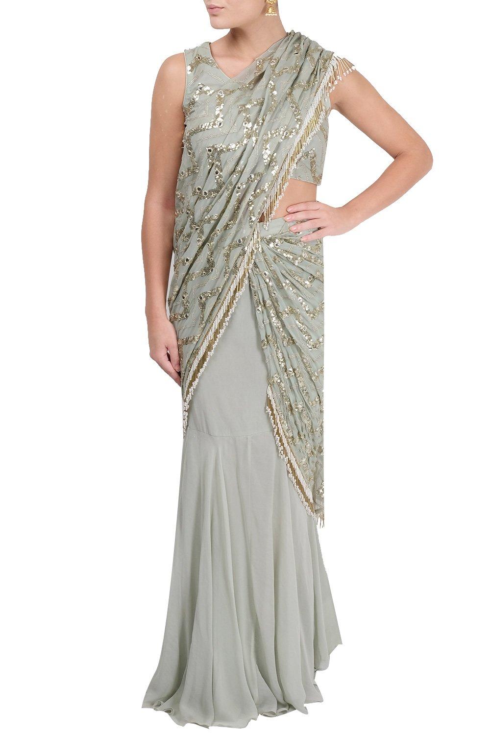 Pastel Green Embroidered Draped Saree - kylee