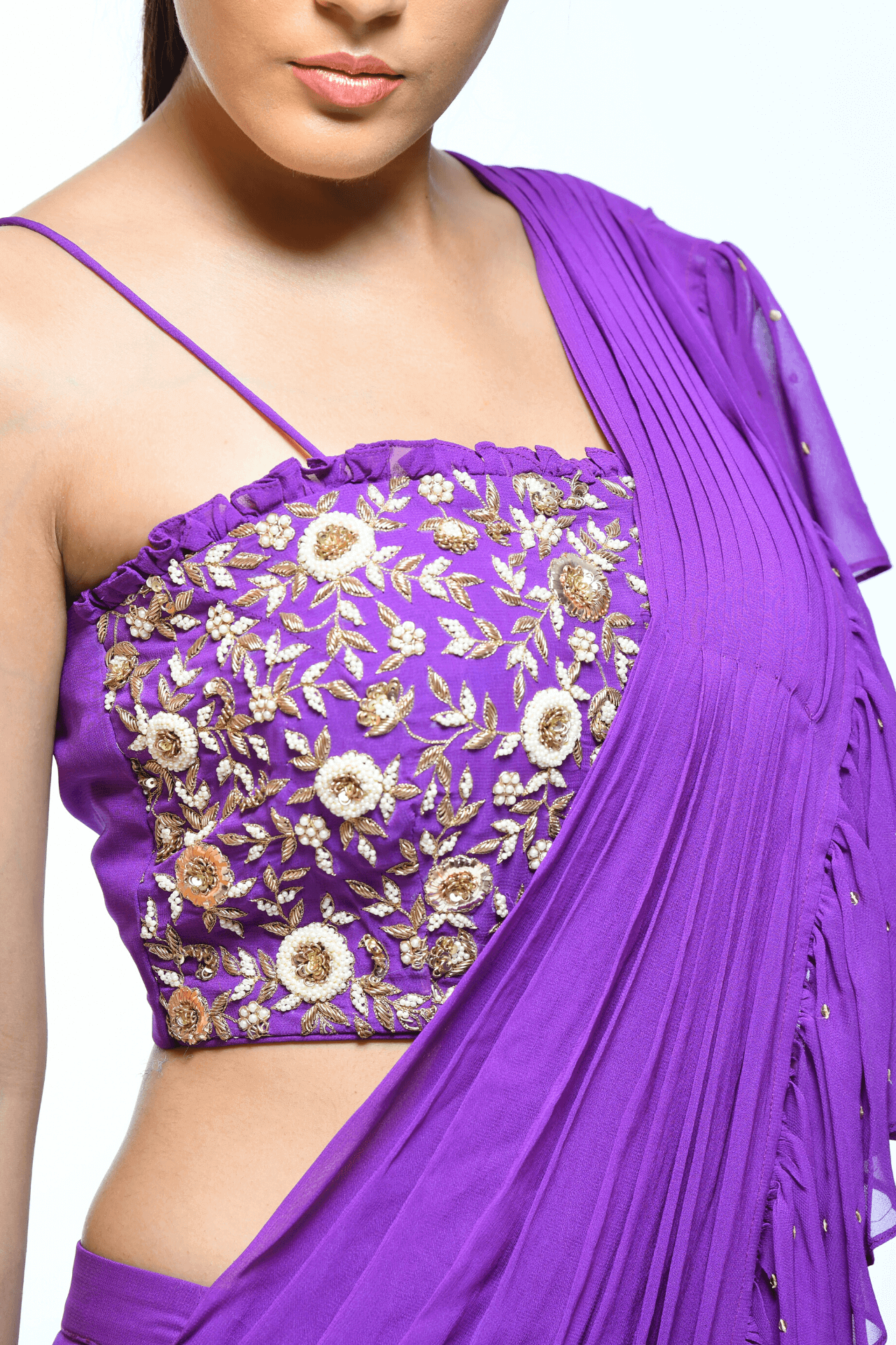 Purple Draped Saree With Embellished Blouse - kylee